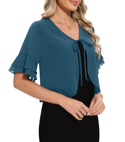 Women Shrug Chiffon Bolero Ruffle Short Sleeve Summer Tie Front Sheer Cardigans for Dresses3