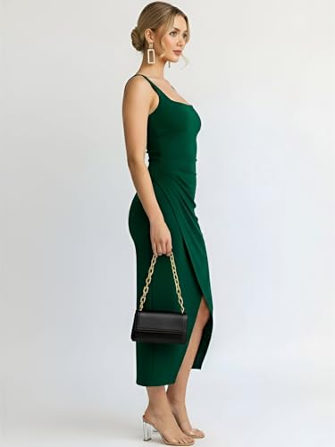 Image of Women's Sleeveless Midi Dress, Square Neck, Ruched Side, Bodycon Style with Slit