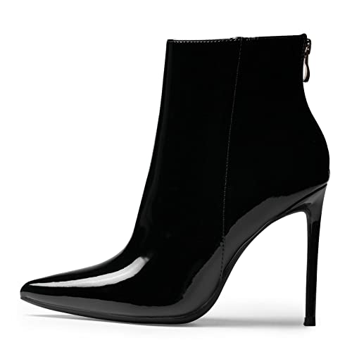 GENSHUO Bottines pointues pour femme Bottines à talons hauts avec fermeture éclair - En cuir verni - Avec talon aiguille - Élégantes - 11 cm, Noir laqué, 40 EU Cover
