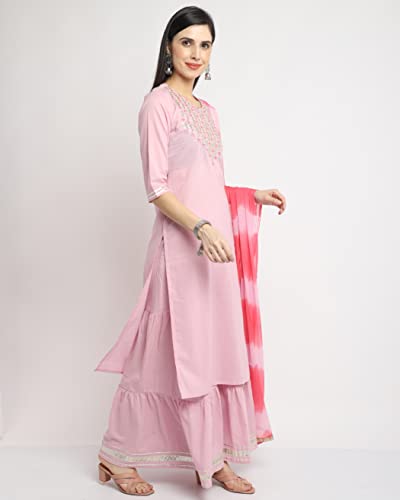 Image of Rajnandini Women's Cambric Cotton Solid Pure Embroidered Kurta Set With Dupatta
