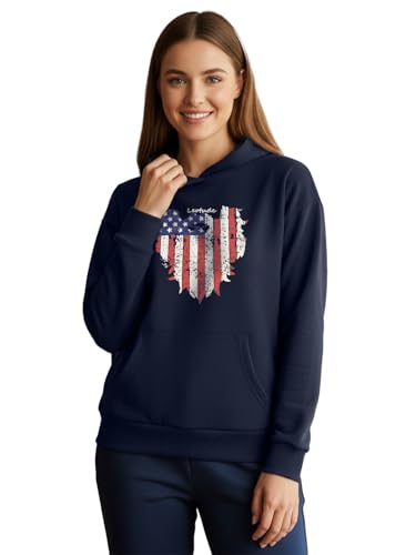 Image of LEOTUDE Women's Full Sleeve Hooded Neck Loopknit Printed Sweatshirt Hoodie for Women (Navy Blue)