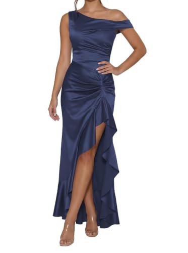 Robe de soirée formelle asymétrique en satin bleu marine taille 48 pour bal