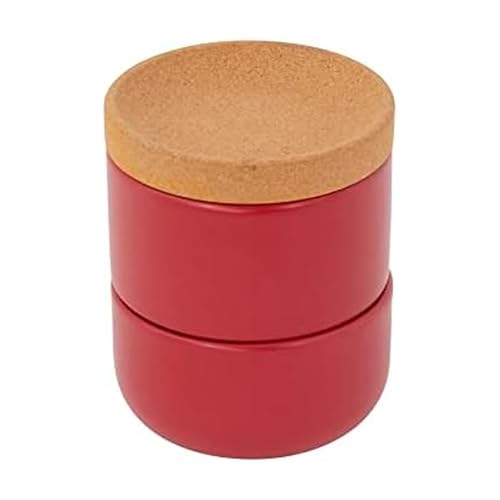 Image of Ceramic and Cork 3 Piece Stackable Salt and Pepper Cellar For Countertop Space Saving1Easy Lift Lid to Retain Freshness for Easy Open, Natural Cork and Red Ceramic