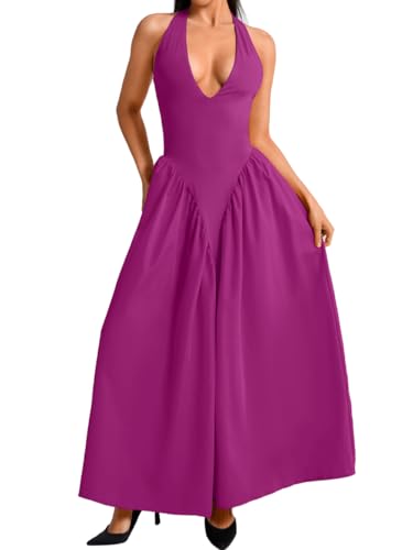 Image of ChiaoLezhee Deep V Neck Dress, Halter Maxi Dresses, Vacation Date Night, Sexy for Women Corset Flowy Wedding Guest Drop Waist