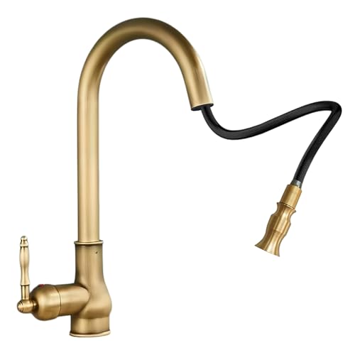 KOPYFANTAP Robinet de Cuisine Laiton Retro, Mitigeur Cuisine avec Douchette Bronze Antique, Nostalgie Mélangeur de Evier Extensible Rotatif à 360°, Haut Arc