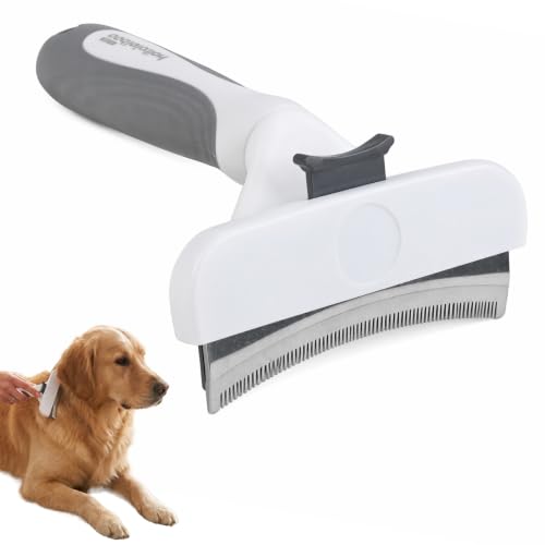 Nivofu Cepillo para Perros y Gatos Pelo Largo y Corto, Deslanador para Perros Grande con Botón Curvo, Peine para Perro con Dientes en V de 1mm, Quita Pelos Mascota de Acero Inoxidable (Blanco)