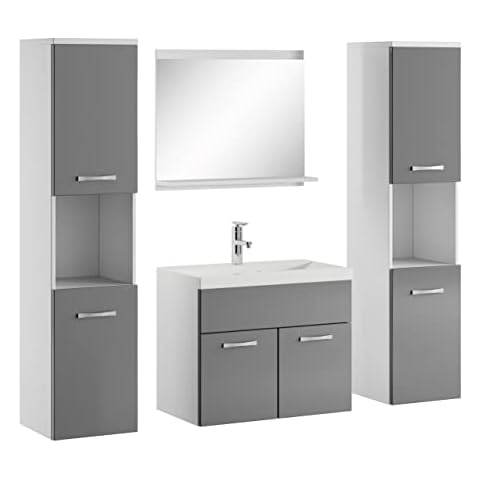 Badezimmer Badmöbel Montreal XL 60 cm Waschbecken Grau Hochglanz Fronten Cover