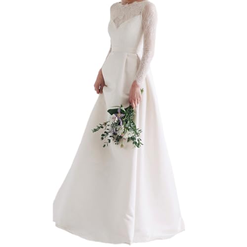 Vestido De Novia De Encaje,Vestido De Novia De Tuls Largo De La Princesa,SatíN Vestido De Novia Civil,Escotado por Detrás Vestido De Novia Blanco,Manga Larga,para Bodas,Fiestas,Bailes