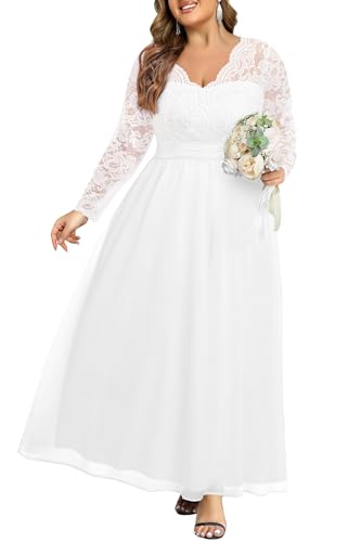 Image of Talisea Plus Size Formal Wedding Dresses - Gowns Evening Prom Elegant V Neck Long Sleeve Lace Chiffon Long Maxi Dress