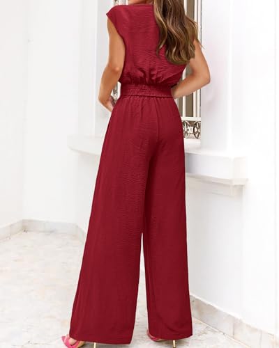 Image of PRETTYGARDEN Women's Summer 2 Piece Outfits 2026 Cap Sleeve V Neck Belted Crop Tops Wide Leg Pant Sets Casual Tracksuit