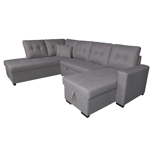 amuéblate Online - Chaise Longue Izquierdo Rinconera Sofá Cama en U con Arcón de Almacenaje Modelo Andes, Diseño Moderno, Práctico y Funcional, con Cojines Decorativos de Regalo, Color Gris
