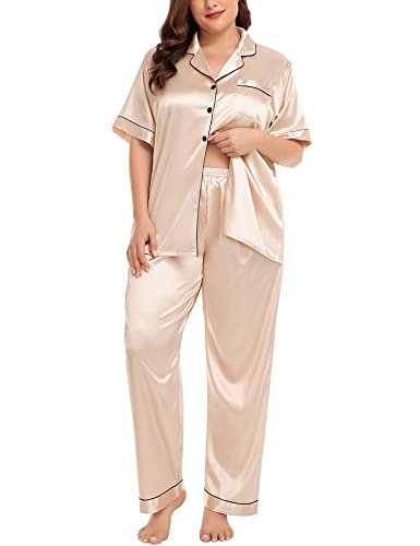 Image of SWOMOG Women's Plus Size Pajamas Silk Satin Pajama Set Short Sleeve Shirt with Full-Length Pants Pjs Sleepwear Set 18W-26W