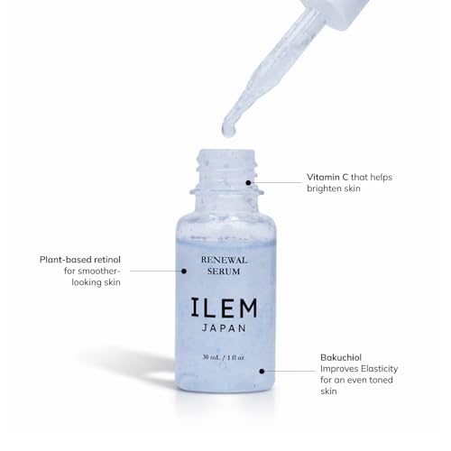 Image of ILEM JAPAN Renewal Serum 30ml | Bakuchiol Japanese Night Serum with Argireline & Peptides for Firmness, Elasticity and Sensitive Skin | Retinol Alternative for Fine Lines & Wrinkles | Vitamin C for Even Skin Tone, Rice Ferment + Hydration | Shea Butter, Skin Barrier