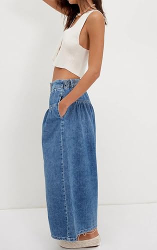 chouyatou Women's Boyfriend Baggy Jeans Flare Wide Leg Denim Pants Elastic Waist Button Pleated Culotte Jeans4