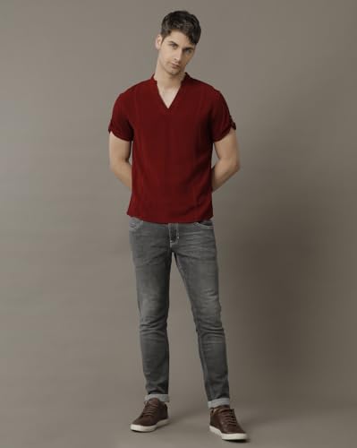 Image of Identiti MenSlim Fit Half Sleeve Solid Smart V Placket Casual Shirts
