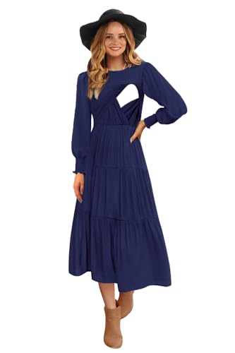 Womens Flutter Long Sleeve Smocked Tiered Nursing Dress for Breastfeeding with Pockets