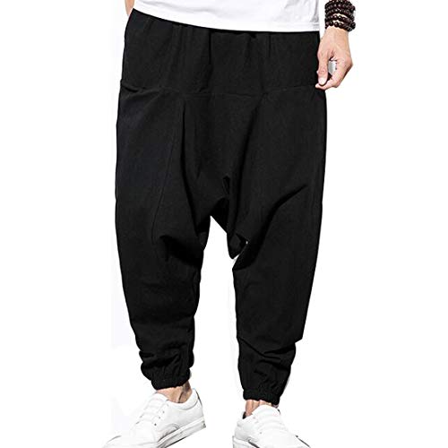 HZCX FASHION Men's Vintage Cotton Blends Linen Drop Crotch Jogging Harem Pants SJXZ220-2-K18-45-B-US XL Black