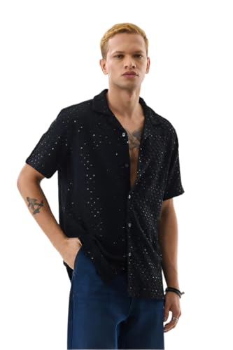 Image of SNITCH Men Casual Shirt | Regular Fit Half Sleeve Cuban Collar Textured Pattern with Embellished Sequins | 100% Viscose & Breathable Fabric for Everyday Wear