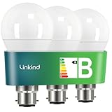 Linkind Ultra-efficient B22 Bayonet Light Bulb, 4.3W = 60W, 806lm, 2700K Warm White, 50,000H Lifespan, Energy Class B, Non-dimmable, Pack of 3