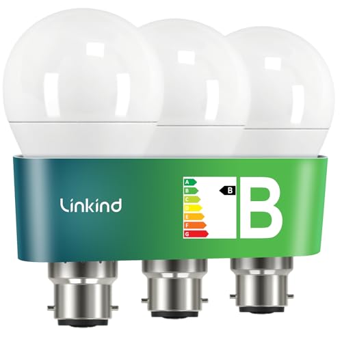 Linkind B22 Bayonet Light Bulb, Ultra-efficient LED Bulb, 4.3W = 60W, 806lm, 2700K Warm White, 50000H Lifespan, Energy Class B, Non-dimmable, Pack of 3