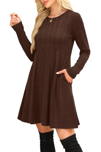Image of OFEEFAN Long Sleeve Dress for Women Crew Neck Empire Waist Tunic Dress with Pockets