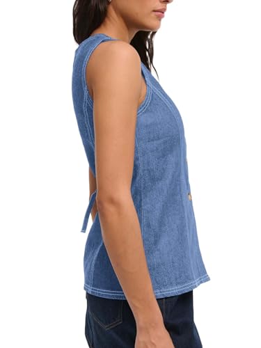 Mina Self 2025 Womens Button Down Denim Vest Tops Sleeveless Lightweight Crew Neck Casual Western Fashion Jean Jacket2