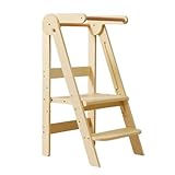 Lernturm Montessori Klappbar aus Holz, Sicherer Kinder Küchenturm ab 1 Jahr, Stehturm mit 3 Verstellbaren Höhen, Platzsparender Lernküchenturm für Zuhause