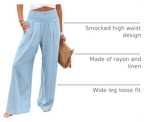 Image of ANRABESS Women Linen Palazzo Wide Leg Pants with Pockets | Smocked High Waist，Comfort Casual Flowy Pants，Lounge Everyday Wear，Summer Boho Cute，2026 Beach Travel Vacation Outfits