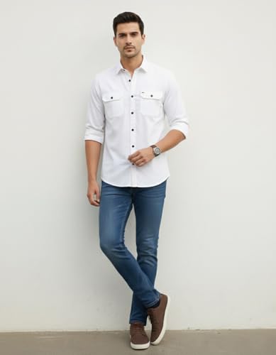 Image of DEELMO Men's Stylish Cotton Blend Casual Shirt || Full Sleeve Button-Down Shirt with Dual Flap Pockets || Comfortable Breathable Fabric || Perfect for Casual Office and Outing Wear