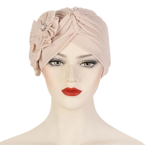 Flower Turban Hats for Women - Ruffle Bead Stretch Solid Caps Chemo Cancer Pre Tied Headscarf Headwear3