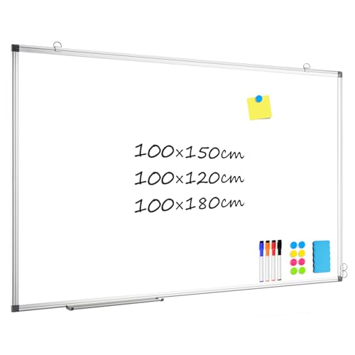 QUEENLINK Pizarra blanca magnética, 100 x 150 cm, con marco de aluminio, pizarra blanca magnética con bandeja para lápices y ganchos