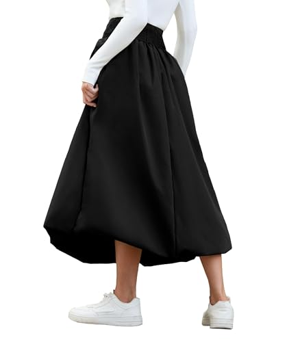 Women's Bubble Long Skirt Elastic Waist A-Line Pleated Ruffle Flowy Balloon Maxi Skirts with Pockets
