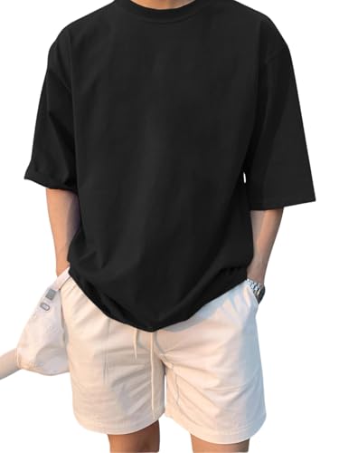 Image of LEOTUDE Half Sleeve Oversized Tshirt for Men, Round Neck Cottonblend Drop Shoulder Solid T-Shirt