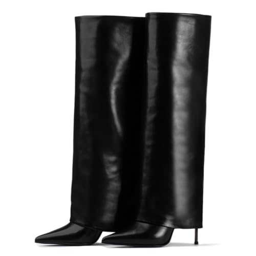 Fold Over Boots For Women - Long Knee High Stiletto Heel Pointed Toe Dress Pull On Tall Boots3
