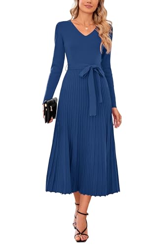Arach&Cloz Strickkleid Damen Herbst Winterkleid Lang Plissee V-Ausschnitt Langarm Pulloverkleid Elegant Midi Kleider Winter