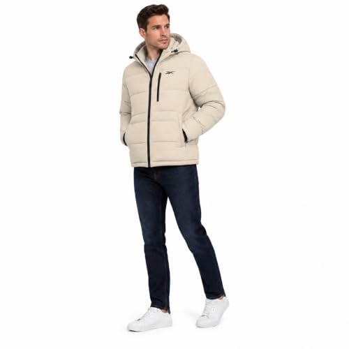 Image of Reebok Mens Quilted Puffer Jacket, Weather Resistant Hooded Winter Coat