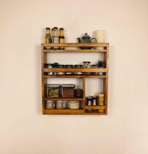 Image of Rustic Wooden Wall-Mounted Spice Rack, Kitchen Storage Organizer with 5 Shelves, Coffee and Condiment Display Stand