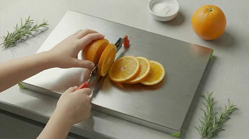 Image of 2-in-1 Stainless Steel Chopping Board with Built-in Cutter Knife, Heavy Duty Rust-Free Vegetable & Fruit Cutting Board, Large Anti-Slip Steel Board for Kitchen