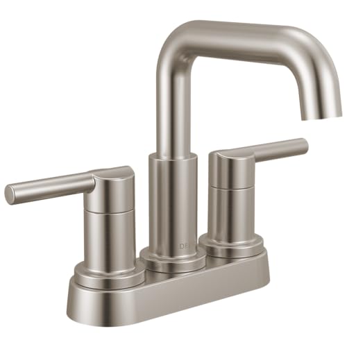Delta Nicoli Centerset Brushed Nickel Bathroom Faucet with Sprayer, 4 Inch 3 Hole Bathroom Sink Faucet with Pull Out Sprayer, Push-Pop Drain, Stainless 25849LF-SS