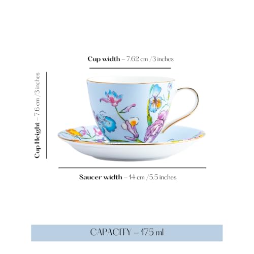 Image of GOLDEN QUEEN'S Cup & Saucer Set | Perfect for Hosting & for Tea /Coffee Lovers | Handcrafted in India, Inspired by Florals & 24-Carat Gold Rim | 6 Cups & 6 Saucers |170 ml - Blue Floral Songbird