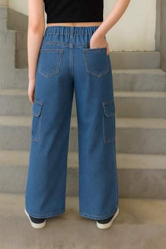 Image of ADBUCKS Stretchable High Rise Cargo Style Wide Leg Jeans for Girls II Girls Jeans