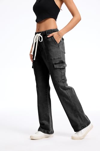 SESERAGI Cargo Jeans for Women Stretchy Straight Leg Drawstring Work Denim Pants with 6 Pockets Trousers3