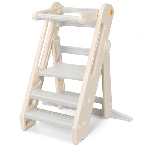Image of Onasti Toddler Tower Kitchen Stool Helper, Foldable & Adjustable Height Kids Learning Stool for Kitchen Counter Bathroom Sink, Child Ladder for Toddlers with Handles, Safty Rail, Non-Slip Pads-Grey