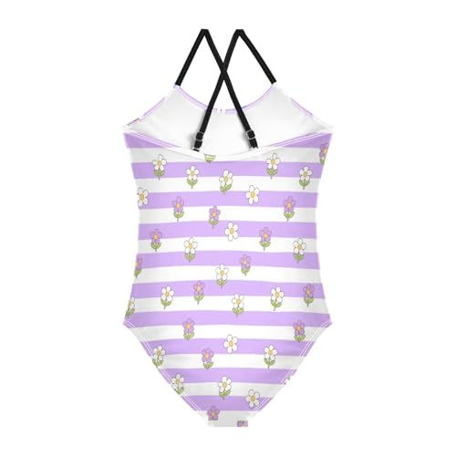 Purple and White Striped flowersSwimsuit for Girls 1-Piecing Bathing Suits for Teens Beach Swimwear trajes de ba?o para ni?as 5-6t2