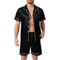Lovasy Pijamas Saten Hombre Manga Corta Botones Conjunto De