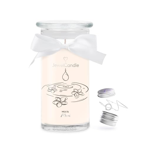JuwelKerze Milk & Monoi Armband Silber - große Schmuckkerze 80 Std - Duftkerze mit blumigem Duft - Kerze mit Schmuck - Geschenke für Frauen Geburtstag