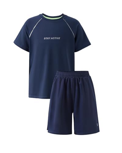 PATPAT Boys 2-Piece Athletic Set: Ultra Lightweight Quick-Dry T-Shirt & Shorts – Breathable Activewear for Sports & Daily Play, Motion Navy, US12/L