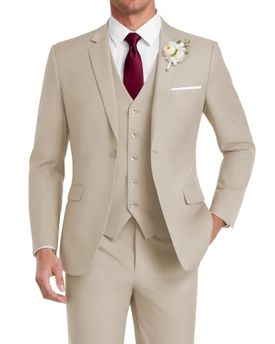 HUUTOE Men Prom Suit 3 Piece Slim Fit Beige Tuxedo Size Small