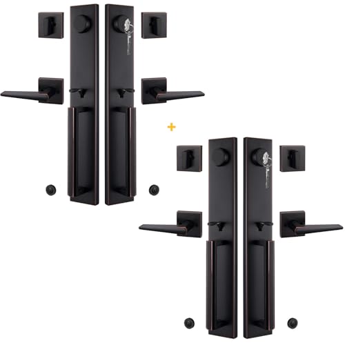 NEWBANG 2 Pack to be Keyed Alike Traditional Keyed & Dummy Entry Handlesets for Double Front Doors with Same Culinders and Same Keys in Aged Bronze(2 PC Keyed and Dummy),MDHST201610B-SET-2P-KA