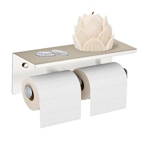 Doppel-Toiletten-Smartphone-Papierhalter mit Regal gebürstet, SUS 304 Edelstahl Doppelkopf Badezimmer Wandmontiertes Gewebespeicherrack (gebürstet) YIGUANXIN